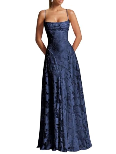 MIQILADUNA Women's Backless Floral Jacquard Maxi Dress Bridal Shower Navy Blue 4