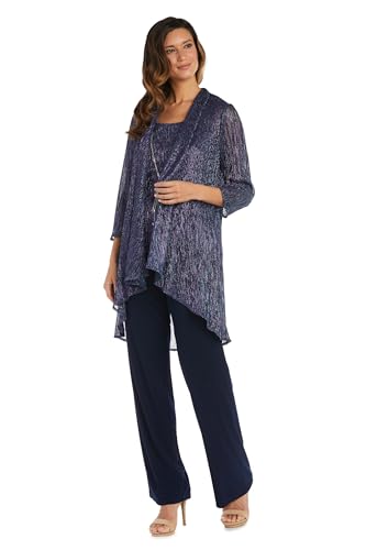 R&M Richards Women's 3-Piece Crinkle Pant Set | Duster Jacket, Straight Pants & Tank Top W/Necklace - Elegant Evening Outfit