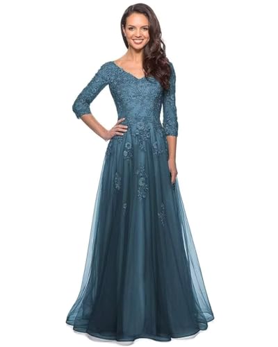 3/4 Sleeve Mother of The Bride Dresses for Wedding Chiffon Lace V-Neck Long Formal Evening Gowns Teal
