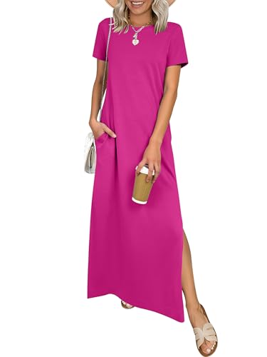 ANRABESS Womens Summer Maxi Dresses Wrinkle Free with Pockets Hot Pink