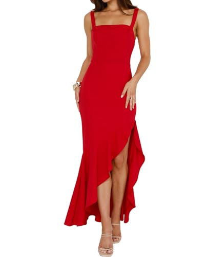XinFSh Women's Ruffle Formal Wedding Guest Maxi Dress Red
