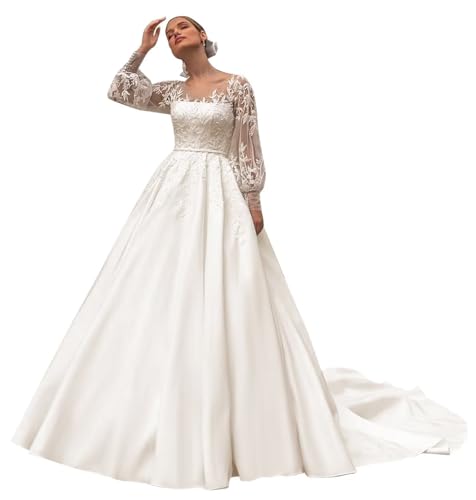 Ivory Satin Wedding Dresses for Bride Plus Size Long Sleeve Lace Appliques Bridal Gowns Illusion A-line Backless Beach Wedding Dress US20