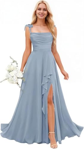 Eldecey Junior Bridesmaid Dresses Long Flower Girl Dress for Wedding Ruffle Spaghetti Straps Formal Dress for Girls Dusty Blue US0