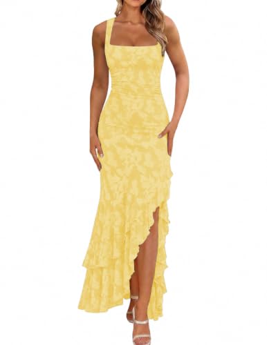 Women's Elegant Ruched Floral Maxi Wedding Guest Dress,L,Yellow