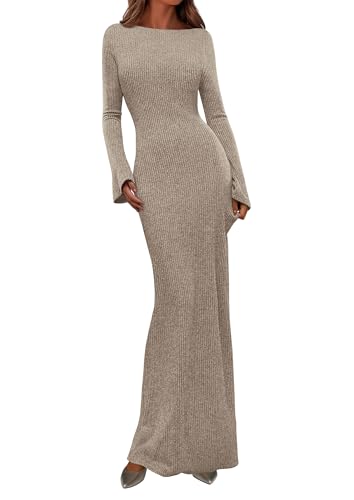 PRETTYGARDEN Women's Fall Long Sleeve Bodycon Maxi Dresses (Apricot,M)