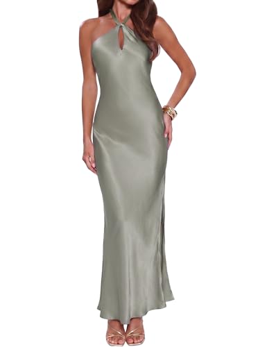 Gmeitoey Satin Halter Maxi Dress for women Formal Bridesmaid Wedding Guest