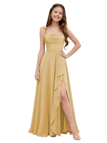 Gnleyane Spaghetti Strap Junior Bridesmaid Dresses for Wedding Chiffon Champagne Flower Girl Dress Girls Pageant Dress Size 4