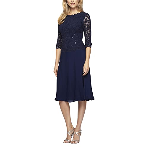 Alex Evenings Women's Tea Length Embroidered Bodice Mother of The Bride Gown, Wedding Guest Dress, Navy, 8 Petite