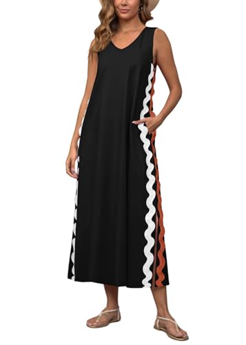 utcoco Women's Summer Beach Boho Flowy Maxi Dress Casual Sleeveless V Neck Side Slit RIC Rac Tank Dress (Large, Black)
