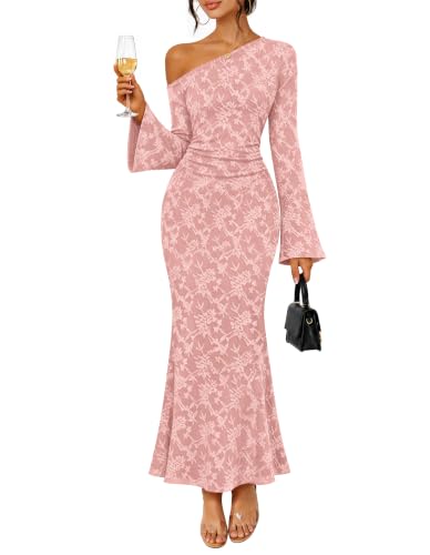 MEROKEETY Womens Lace Off Shoulder Wedding Guest Cocktail Dress, Pink, S