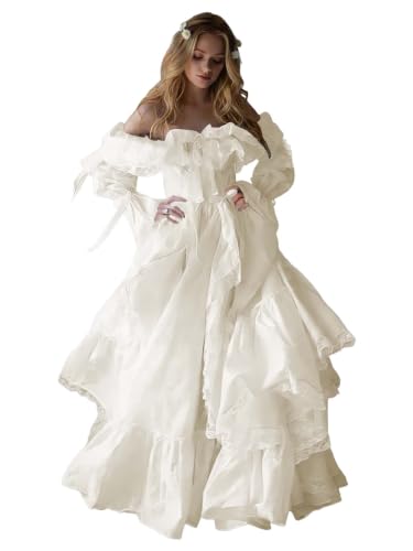 Women Vintage Laces Gothic Wedding Dress for Bride Off Shoulder Bridal Gown | Puffy Long Sleeves,Flowy,Laces Trim,Ruffle Dress,Lace-Up-Back,Medieval,Classic