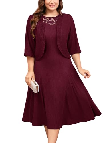 ZOMVA Plus Size Mother of the Bride Groom Dresses for Curvy Women 2 Piece Wedding Guest Dress with Jacket Tea Length, Burgundy, 4X