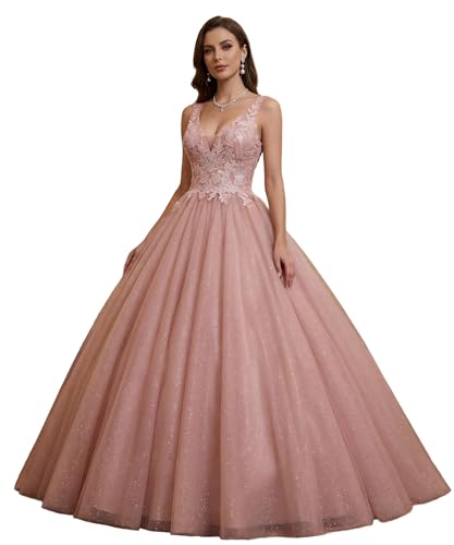 Engerla Women's V Neck Pink Quinceanera Dress Sequined Applique Formal Party Prom Ball Gowns US8