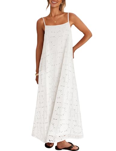 MEROKEETY Womens Summer Maxi Dress Boho Spaghetti Straps Sundress, White, S