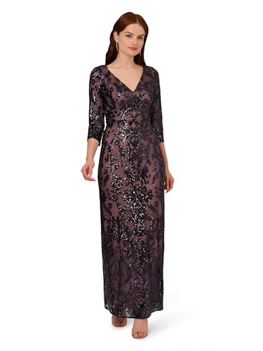 Adrianna Papell Studio Women's Beaded Long Dress, Navy/Rosegold, 2