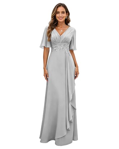 OGQUMIB A Line Chiffon Mother of Bride Dresses for Women Silver | Silver Applique Wedding Guest Dresses Flutter Sleeves Formal Evening Gown US16