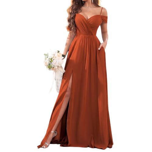 Fkrhzqbt Chiffon Bridesmaid Dress Cold Shoulder A-Line Lace-Up Back, Side Slit Terracotta