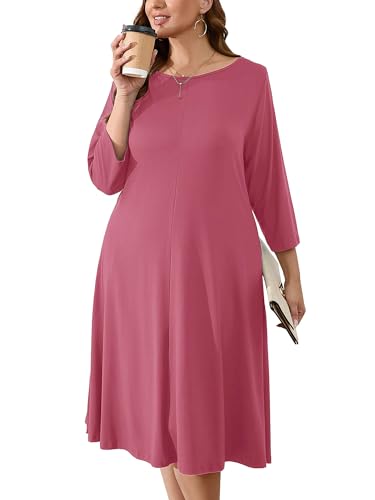 AusLook Women's Plus Midi Dresses Crew Neck A Line 3/4 Sleeves Casual Elegant Loose Flowy Wedding Guest Maternity Vacation Beach Purple Red 5X Dress with Pockets