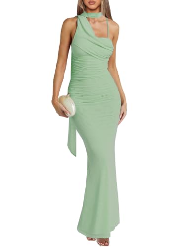 Women's Wedding Guest Maxi Dress with Neck Scarf Fancy Formal Cocktail Baby Shower Bridesmaid Ruched Bodycon Long Dresses Light Green X-Large