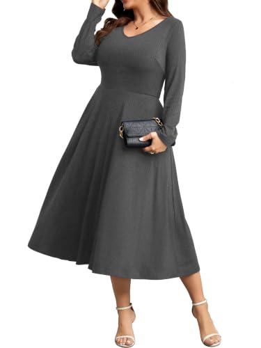 RWJ Women's Fall Dress Plus Size Long Sleeve Knit Maxi Casual Gray XXL | V Neck, Soft Stretch Ribbed, Elegant Wedding Guest Dress, Lounge Flowy Draping, Casual Holiday Party, Maternity Long Dress