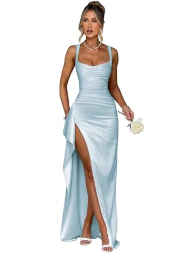 Mermaid Light Blue Prom Dress Satin Bridesmaid Dresses for Wedding Size 6