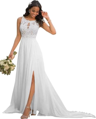Casual Wedding Dresses for Bride 2026 Flowy Chiffon A-Line Lace Applique Scoop Neck Summer Boho Beach Bridal Dresses White Size 12 ZXA22I