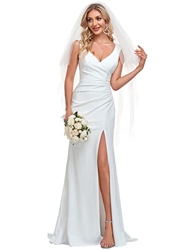 Ever-Pretty Women’s V Neck Sleeveless Bridal Wedding Dress with Slit Floor Length Mermaid Gown for Bride White US8