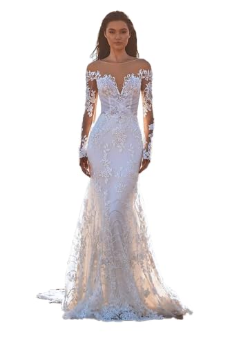 Long Sleeve Wedding Dresses with Train Ivory 10 | Wedding Gowns for Bride Princess Long Mermaid Deep V Neck Lace Appliques with Train Bridal Dresses for Women