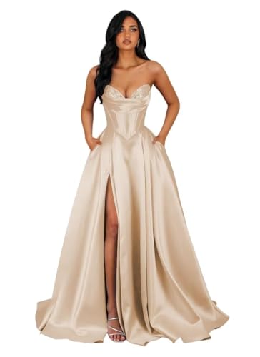 Champagne Strapless A Line Long Sparkly Pockets Satin Prom Dresses