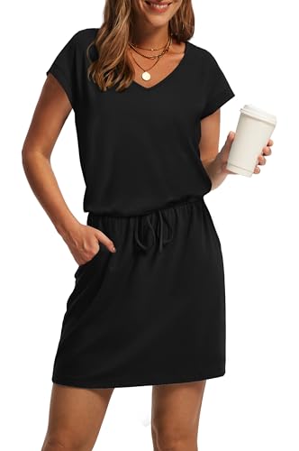 OFEEFAN Womens Summer Dresses 2025 Beach Vacation Clothes for Women Fashion V Neck T Shirts Casual Dress Sundresses with Pockets XL Black