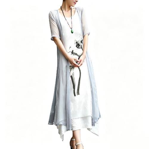 Honwenle Women's Linen Dress 2 Piece Outfit with Jacket Formal Casual,Grey,2X-Large