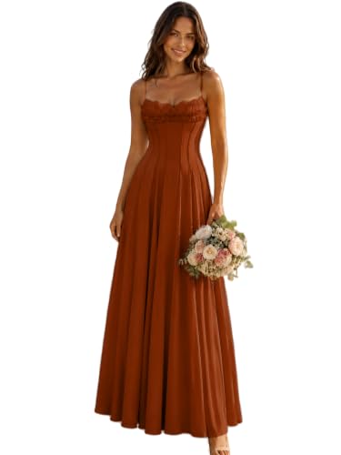EDECPBM Long Chiffon Bridesmaid Dress Sweetheart Corset Ruffle A-Line Wedding Guest Dress Burnt Orange US02