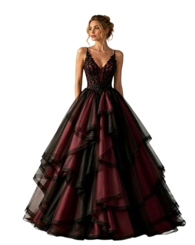 Dydsz Women V Neck Lace Prom Dresses Tiered Evening Formal Gown Burgundy 18 | Spaghetti Straps Elegant Wedding Guest Dresses A Line Tulle,Gothic Masquerade Halloween Ball Gown,Corset Birthday Party Dress