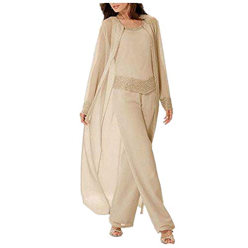 Plus Size Chiffon Mother of The Bride Pantsuits 3 Pieces Outfits Long Sleeve Champagne