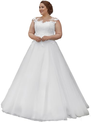 Elegant Plus Size White Wedding Gown with Lace Applique Cap Sleeves Boho Bridal Gowns A Line Tulle Curvy Wedding Dress for Bride