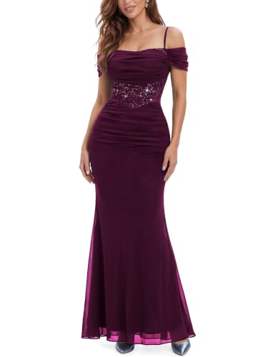 Miusol Women's Retro Off Shoulder Mesh Lace Formal Maxi Dress Maroon