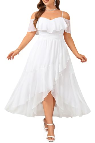 Talisea Plus Size White Dresses Wedding Formal Off The Shoulder Long Dress | Plus Size Formal Wedding Dresses Women Elegant Off The Shoulder Long High Low Dress White Chiffon Ruffle Graduation Dress