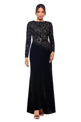 Betsy & Adam Women's Velvet Mesh Sequin Embroidered Long Sleeve Floor Length Dress, Black/Nude, 6