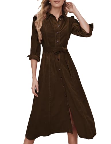 Women's Corduroy Maxi Dress Button Down Shirt Dress with Belt
