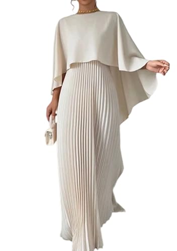 PUDANA Women’s Crew Neck Sleeveless Pleated Formal Dress Cocktail Party Prom Long Dresses with Cape Beige L