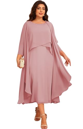 vintys Modest Dusty Rose Plus Size Chiffon Mother of the Bride Dresses with Jacket 2 Piece Mother of The Groom Dresses with Sleeves Size 18W