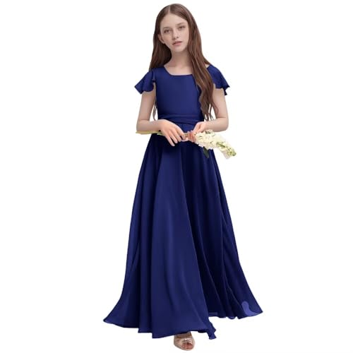 Junior Bridesmaid Dress 2026 Chiffon Bodice Flower Girl Dresses for Wedding Party Girls A Line Square Neck Holiday Party Dress for Teens Flutter Sleeves Formal Pageant Dresses Royal Blue Size 16