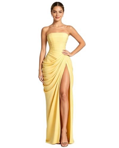 ZGMYC Elegant Strapless Corset Prom Dresses for Women Teens Ruched Bridesmaid Dress High Slit Bodycon Wedding Guest Dress Yellow