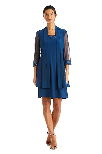 R&M Richards Women's Tailored 2-Piece Pleated Swing Jacket Dress Set with Beaded Neckline & Sheer Sleeve for Formal Occasions