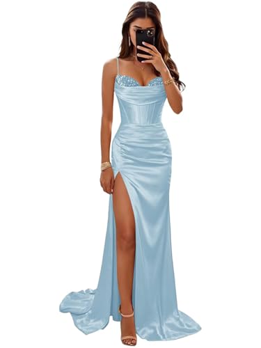 Egorfic Sparkly Sequin Prom Dresses with Slit Beaded Mermaid Satin Pleated Backless Corset Long Formal Evening Cocktail Party Gown Sky Blue Size 10