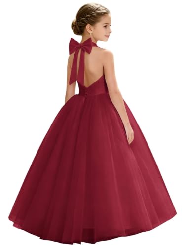Heineyo Bowknot Tulle Junior Bridesmaid Dress Girls Backless Halter Evening Party Gown Wedding A-Line Long Wine Red Satin Sleeveless Flower Girl Dresses US14