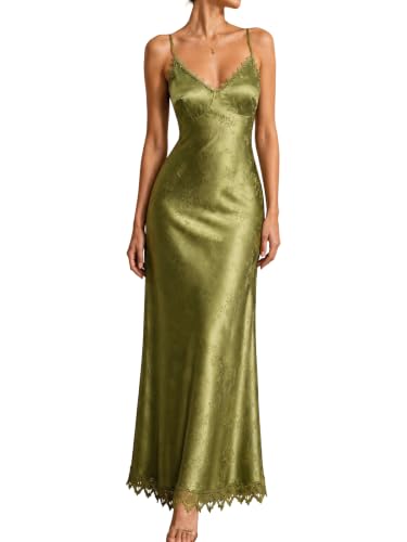 RIHOAS Semi Formal Dresses for Women Corset Satin Maxi Dress Green | lace,V Neck,A-Line,Spaghetti Strap,Wedding Guest,Engagement,Formal,Party,Cocktail,Long,Prom,Fall,Bridesmaid,Green