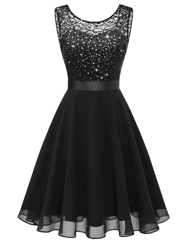 BeryLove Sleeveless Sequin Lace Homecoming Short Cocktail Dress Black2XL | Sparkly Lace Chiffon A Line Boat Neck Prom Teen Elegant Evening Banquet Holiday Wedding Guest Casual Birthday Event Gown