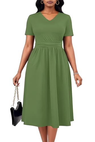 KARALIN Women A-Line Midi Dress V Neck Pleated Short Sleeve Pockets Green