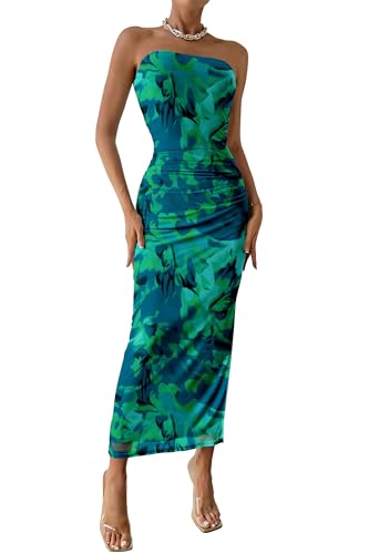 PRETTYGARDEN Womens Strapless Bodycon Maxi Dress, Green Big Floral,M | Stretchy Lined Mesh, Long Tube Dresses, Ruched Slit, Spring Summer Y2K Outfits for Wedding, Date Night Party, Beach Vacation